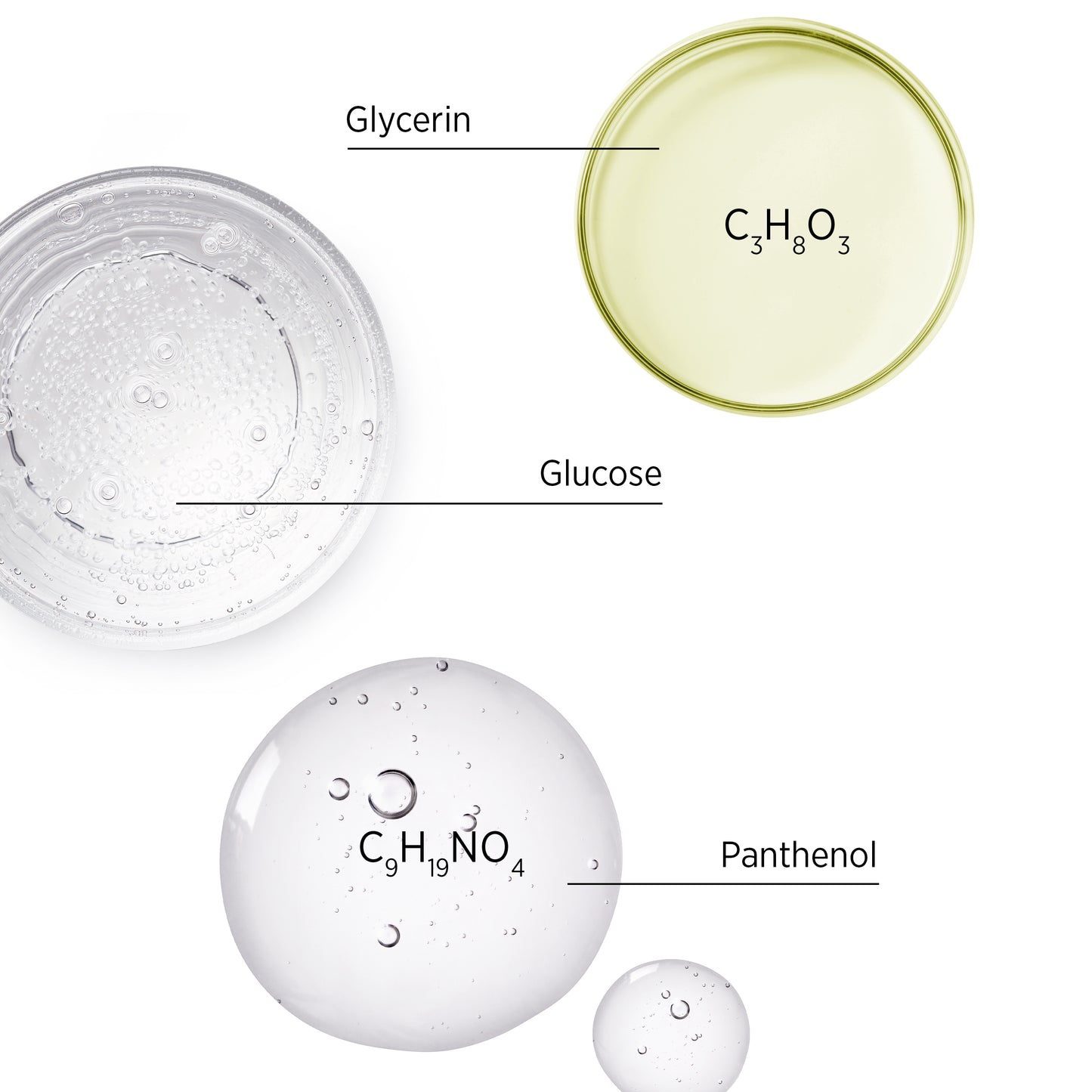 Vaikuttavia ainesosia, glyseriini, panthenol ja glukoosi
